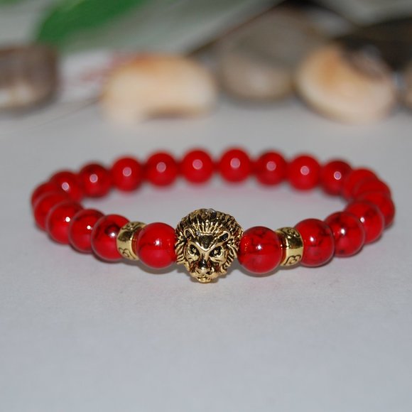 Lion Bracelet,Red Howlite Bracelet, 8mm Gemstone Beads,Red Lion Bracelet - Picture 2 of 3